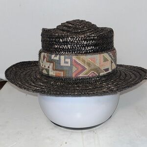 Miriam Lefcourt Woven Straw Hat with Patterned Band Hand crafted in Italy